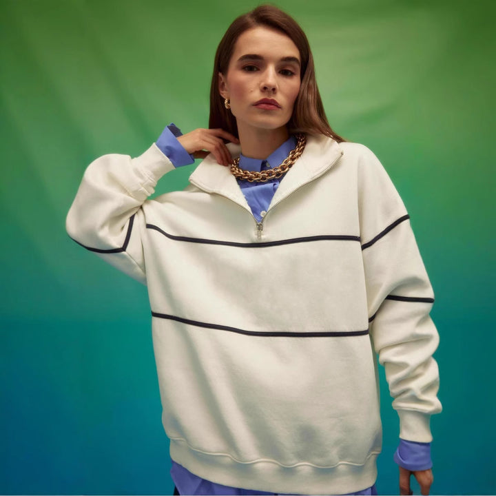 Damen Oversized Kapuzenpullover mit Reißverschluss und Streifenmuster Drune