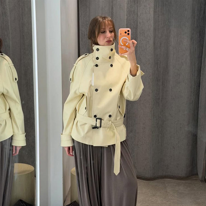 Damen Kurze doppeltknöpfte Trenchjacke mit hohem Stehkragen und Taillengürtel Drune