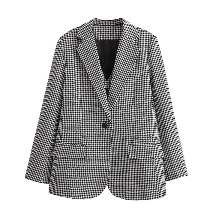 Damen Oversize Hahnentritt Blazer mit Ein-Knopf-Verschluss und Pattentaschen Drune