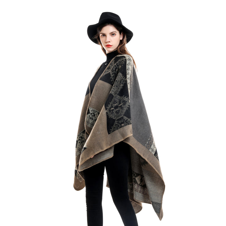 Damen Oversize Poncho aus Jacquard-Strick mit geometrischem Ethno‑Muster Drune