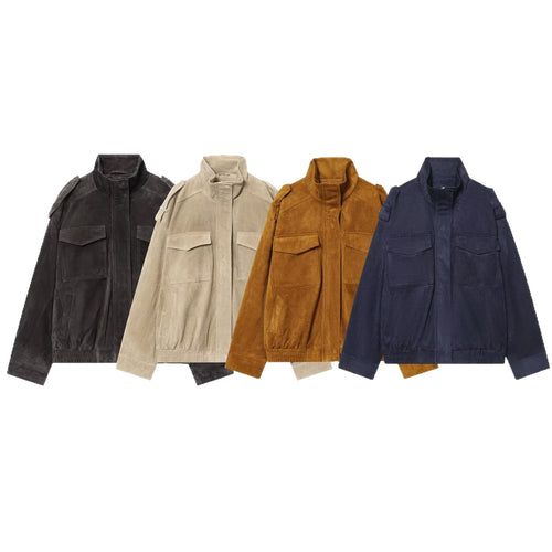 Damen Wildleder-Fieldjacke mit Stehkragen, Epauletten und aufgesetzten Brusttaschen Drune