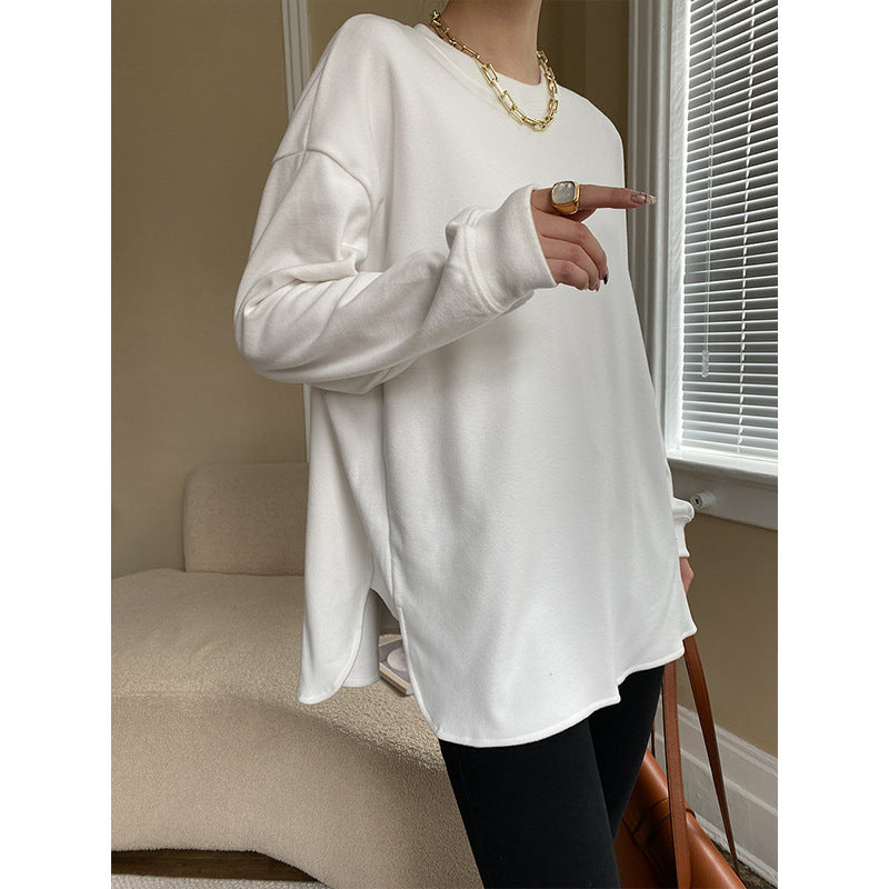 Damen lässiges Langarmshirt mit Rundhalsausschnitt und seitlichen Schlitzen Drune