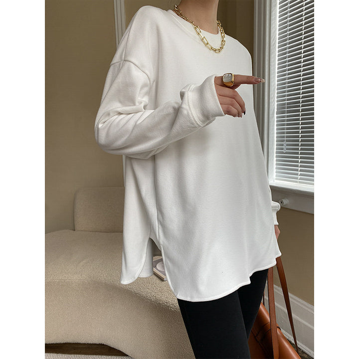 Damen lässiges Langarmshirt mit Rundhalsausschnitt und seitlichen Schlitzen Drune