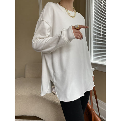 Damen lässiges Langarmshirt mit Rundhalsausschnitt und seitlichen Schlitzen Drune