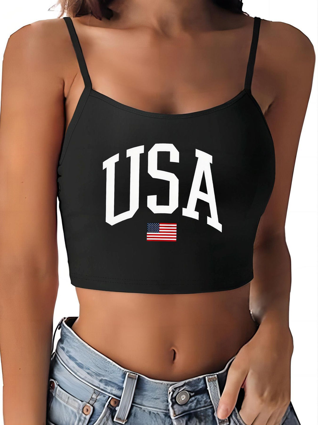 Damen Crop-Top mit motivierendem Statementdruck und feinen Spaghettiträgern Drune