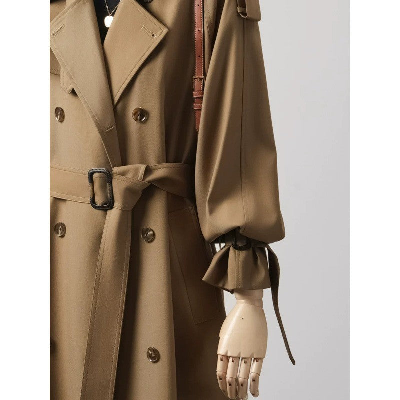Damen Doppelreihiger Trenchcoat mit Taillengürtel und Ballonärmeln Drune