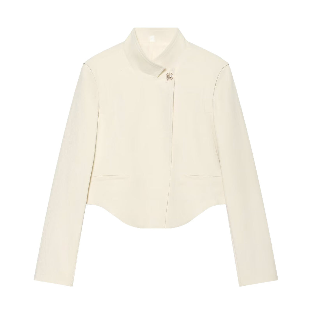 Damen Kurzer taillierter Blazer mit Stehkragen, asymmetrischer Knopfleiste und geschwungenem Saum Drune