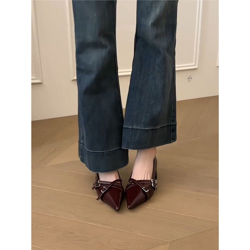 Damen Spitz zulaufende Block-Absatz Pumps mit doppeltem Zierriemen Drune