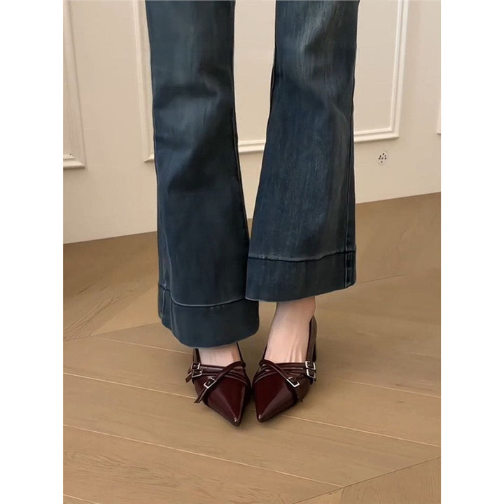 Damen Spitz zulaufende Block-Absatz Pumps mit doppeltem Zierriemen Drune