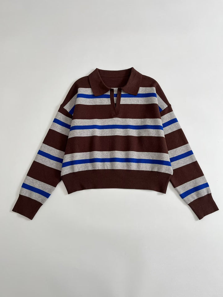 Damen Gestreifter Polokragen-Pullover mit kastiger Passform und V-Ausschnitt Drune