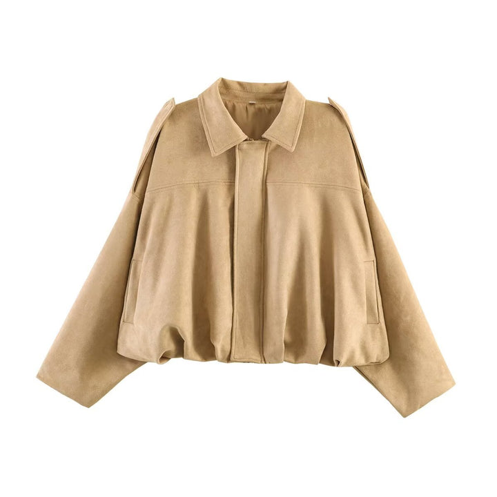 Damen Oversize-Suedejacke mit Schulterklappen, verdeckter Knopfleiste und elastischem Saum Drune