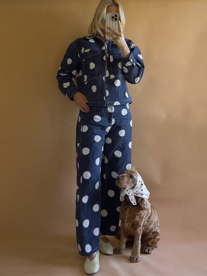 Damen weite Cargo-Hose mit hoher Taille, Punkteprint und sichtbaren Kontrastnähten Drune