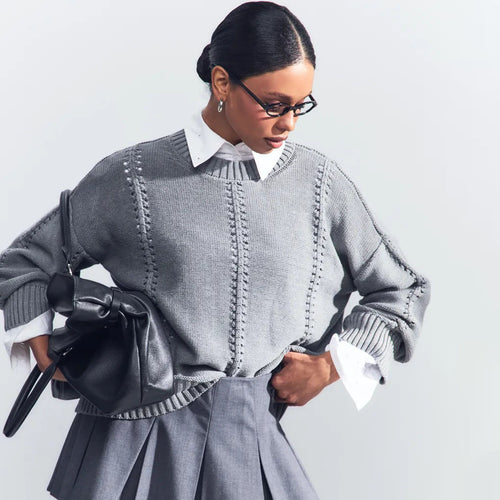 Damen lässiger Strickpullover mit feiner Lochmusterung und breiten Bündchen Drune