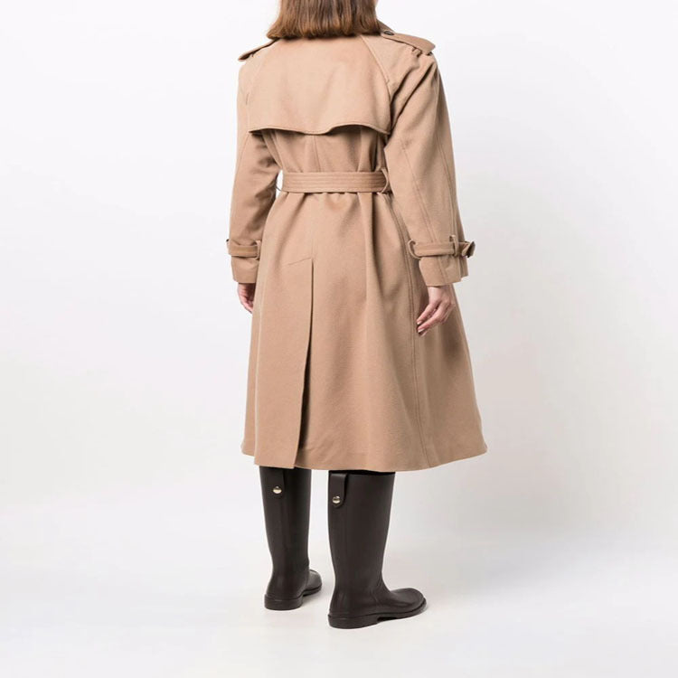 Damen Midilanger Wollmix-Trenchcoat im Tailoring mit Doppelreihe, Taillengürtel und Epauletten Drune