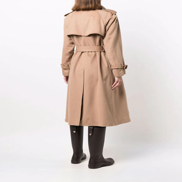 Damen Midilanger Wollmix-Trenchcoat im Tailoring mit Doppelreihe, Taillengürtel und Epauletten Drune