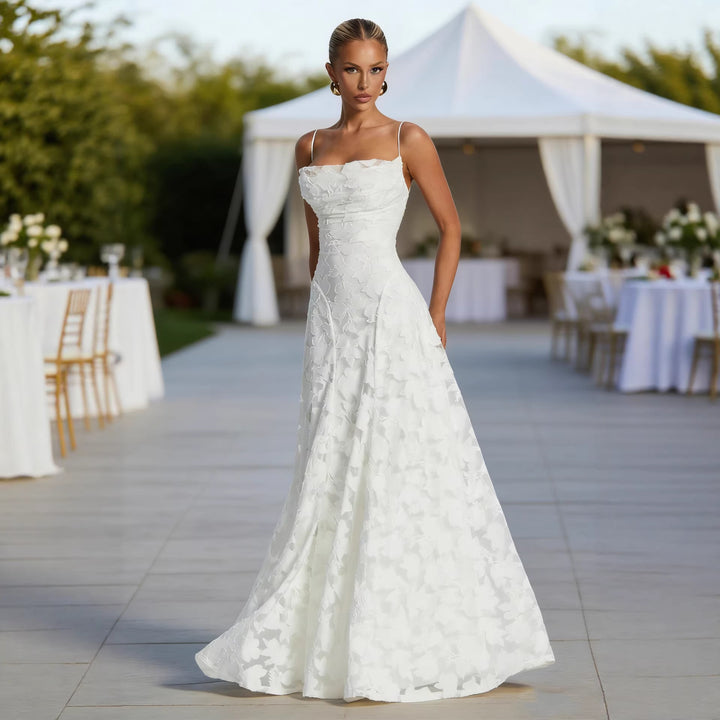 Damen Hochwertiges Maxikleid mit schimmerndem Blumenmuster und eleganten Spaghettiträgern Drune
