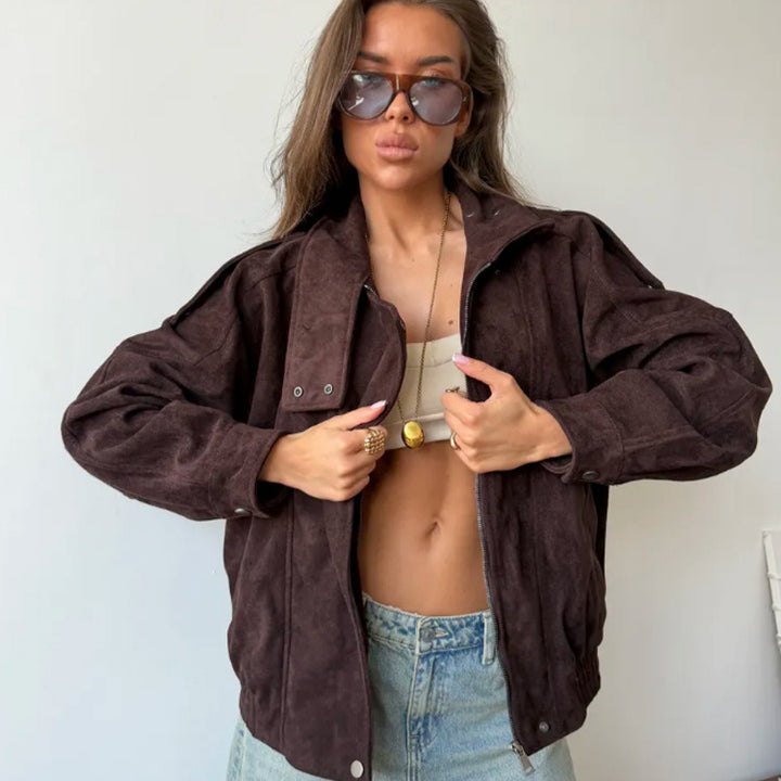 Damen Oversize Wildleder‑Optik Bikerjacke mit hohem Stehkragen Drune