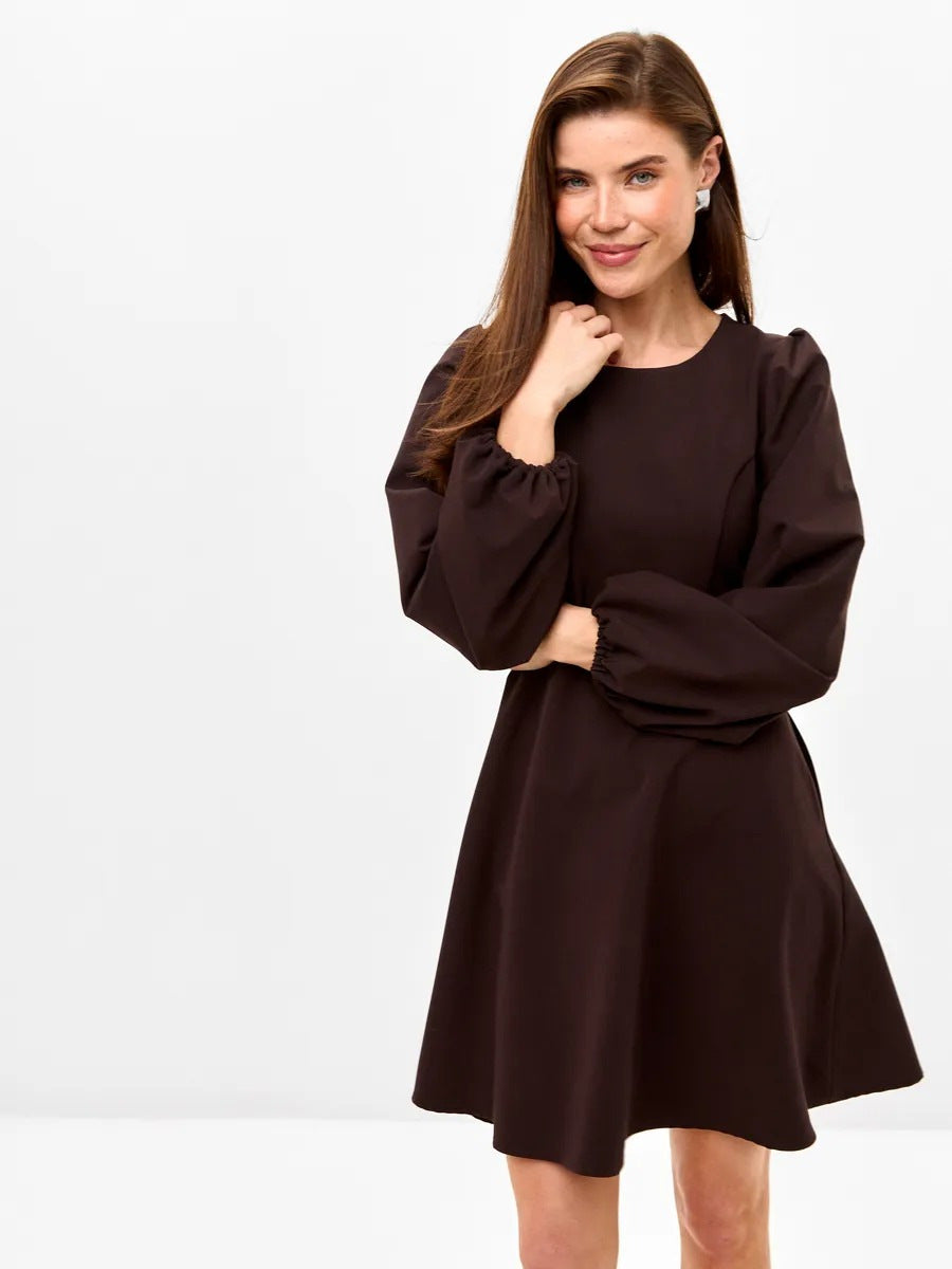 Damen schickes Cocktailkleid mit geraffter Taille, langen Ballonärmeln und rundem Ausschnitt Drune