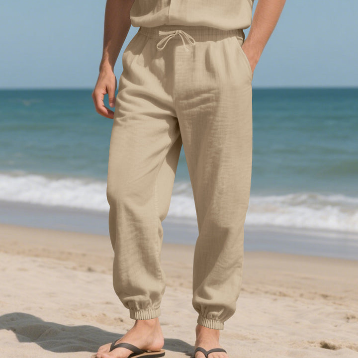 Herren nan leichte Leinenmix-Loungehose mit Tunnelzugbund, Seitentaschen und elastischen Beinabschlüssen Drune