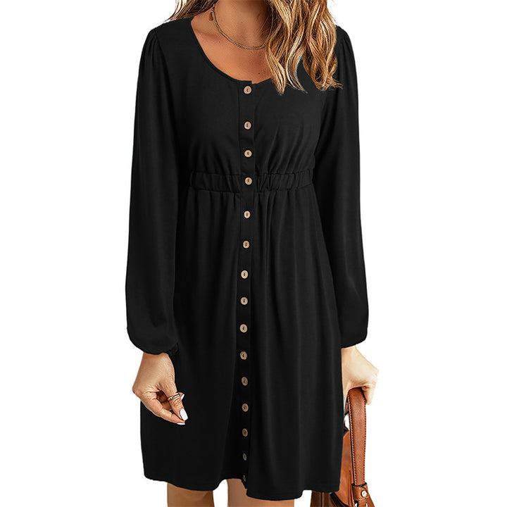 Damen knielanges Kleid mit Knopfdetails und elastischem Taillenzug Drune