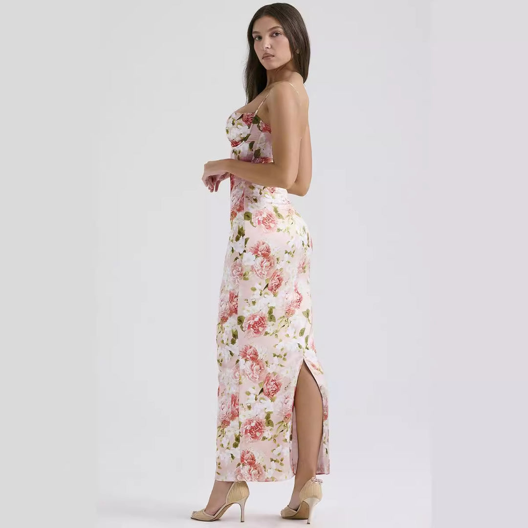 Damen Körperbetontes Maxikleid mit floralen Akzenten und verstellbaren Spaghettiträgern Drune