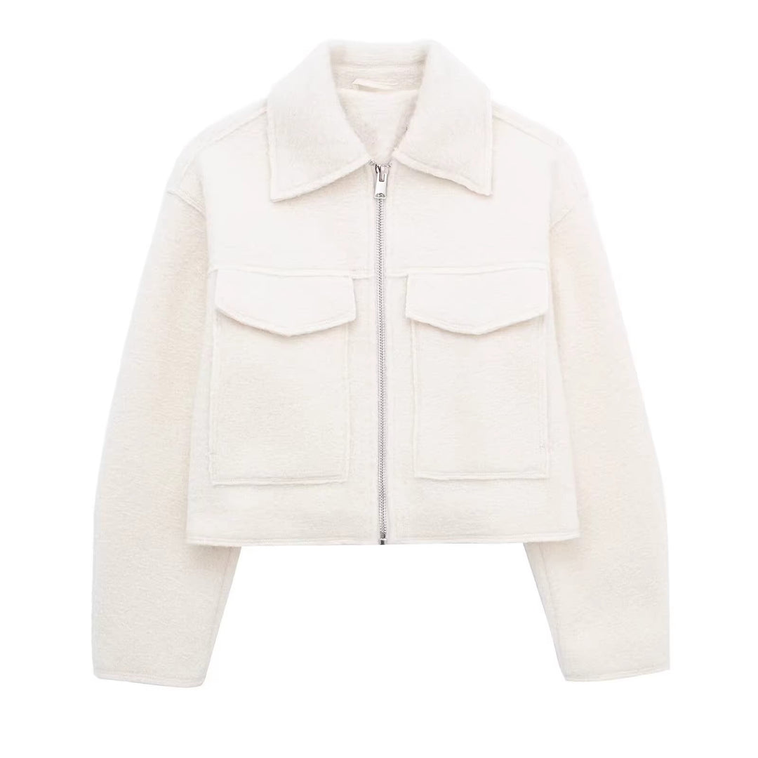 Damen Kurzgeschnittene Sherpa-Jacke mit Reißverschluss und aufgesetzten Pattentaschen Drune
