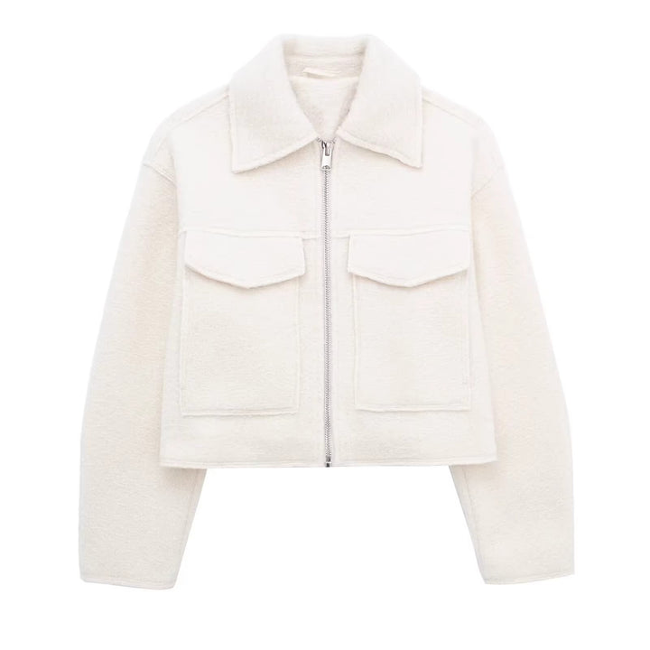 Damen Kurzgeschnittene Sherpa-Jacke mit Reißverschluss und aufgesetzten Pattentaschen Drune