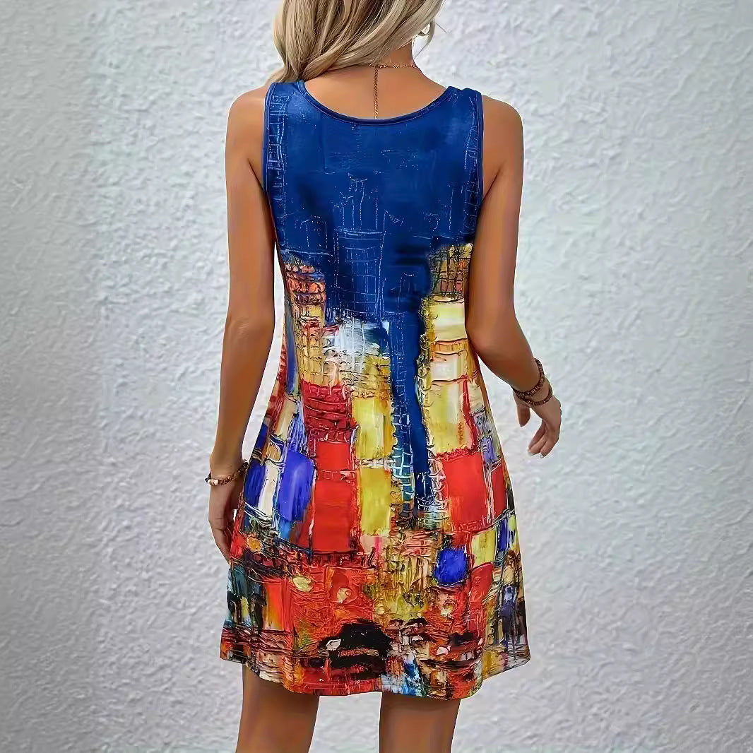 Damen ärmelloses Strandkleid mit künstlerischem Motiv und figurbetontem Schnitt Drune