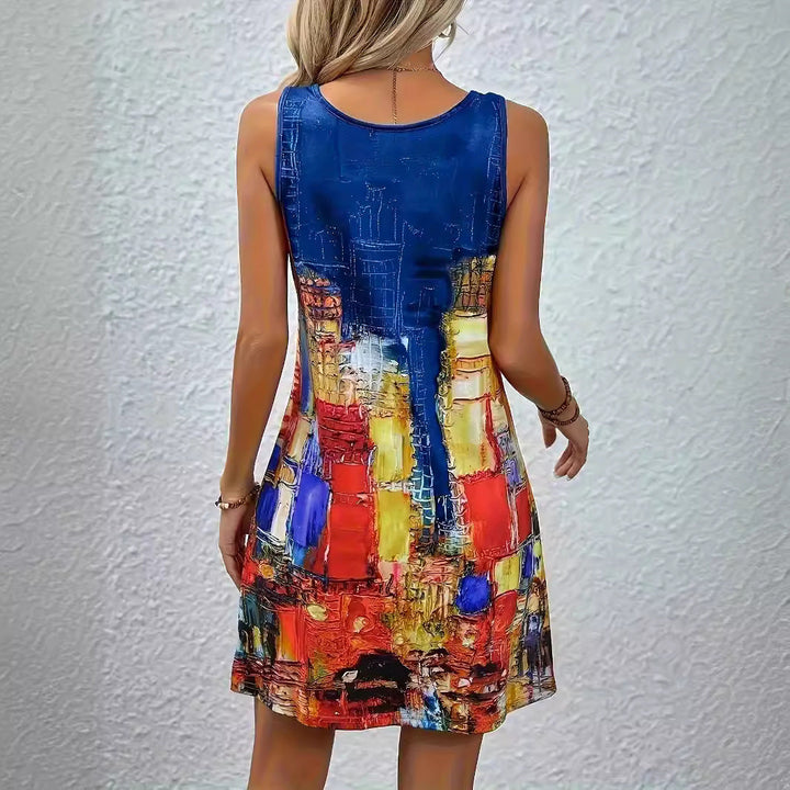 Damen ärmelloses Strandkleid mit künstlerischem Motiv und figurbetontem Schnitt Drune