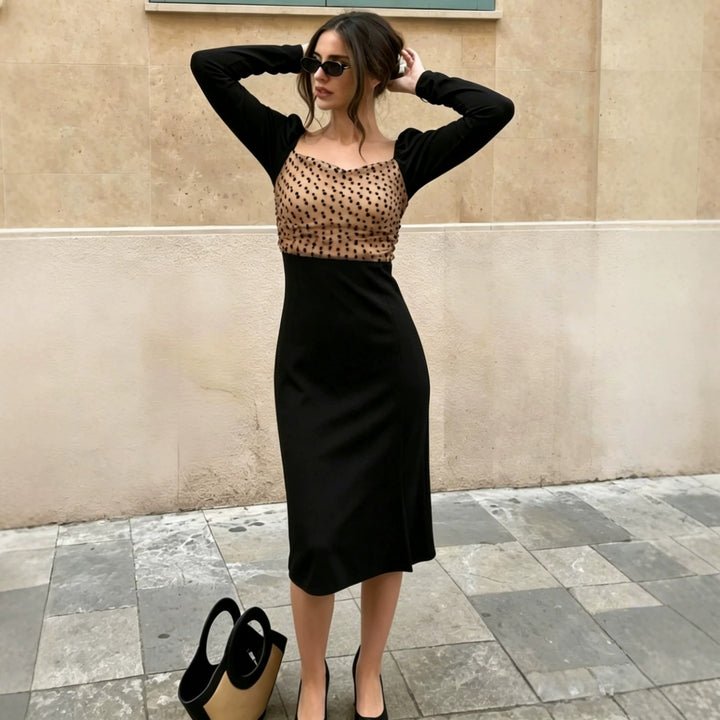 Damen Figurbetontes Midikleid mit Puffärmeln und transparentem Tupfen-Organza-Rückenteil Drune