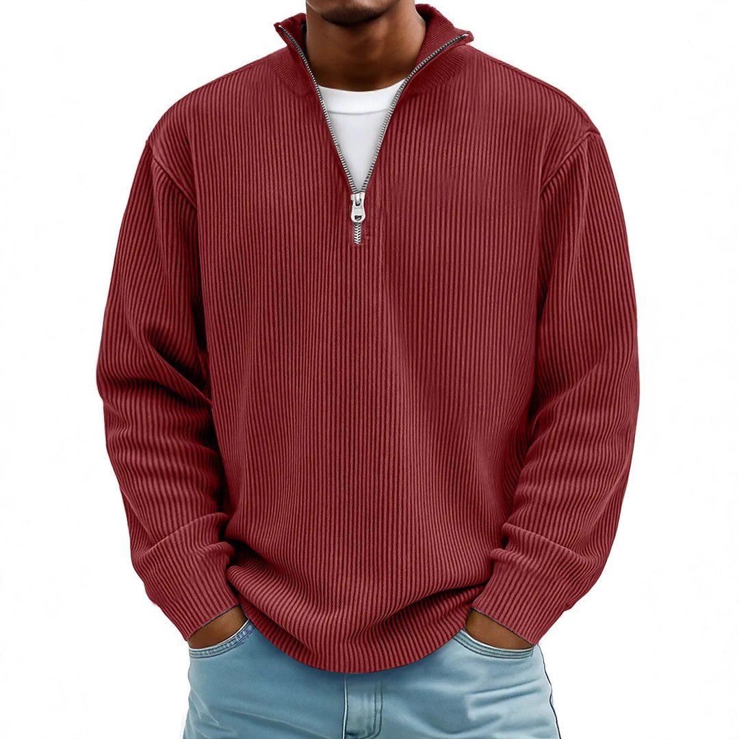 Herren nan gerippter Strickpullover mit halbem Reißverschluss und Stehkragen Drune