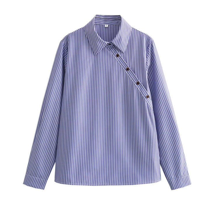 Damen Oversize Streifenbluse mit diagonaler Knopfleiste und Kentkragen Drune