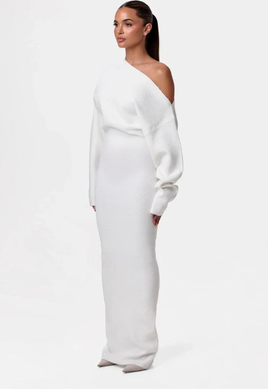 Damen One-Shoulder Maxi Strickkleid mit Übergroßen Ärmeln Drune