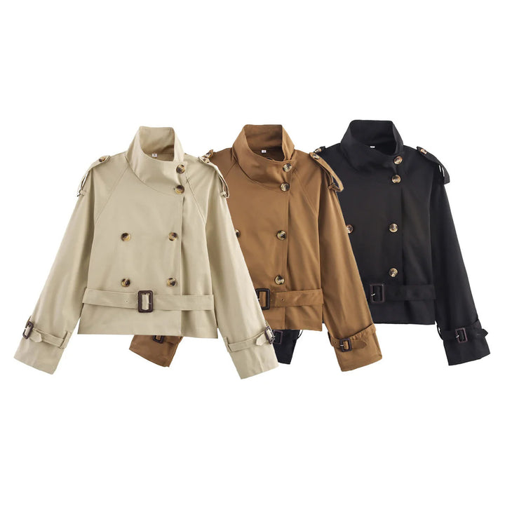 Damen nan kurz geschnittener Trenchcoat im Cropped-Stil mit doppelreiher, Schulterklappen und Taillengürtel Drune