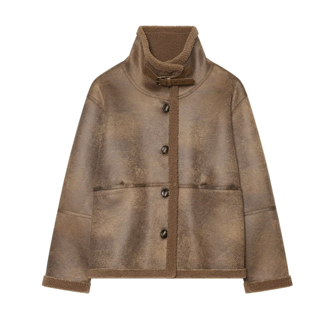 Damen Kurzjacke aus Teddy-Fleece mit Funnelkragen und Schnallenverschluss Drune