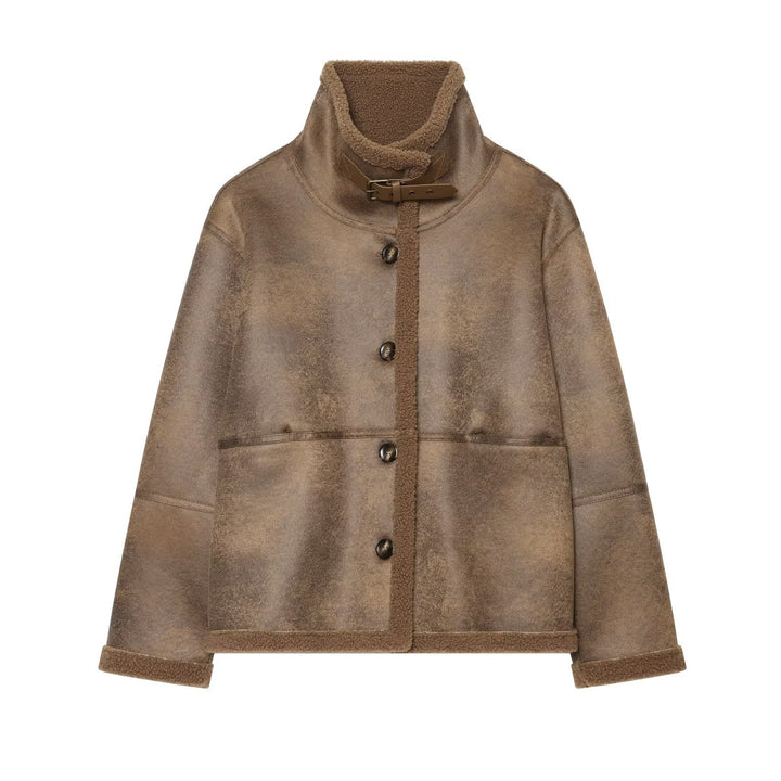 Damen Kurzjacke aus Teddy-Fleece mit Funnelkragen und Schnallenverschluss Drune
