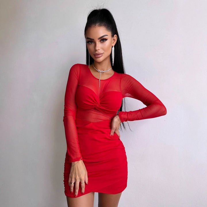 Damen figurbetontes Kleid mit langem Arm und raffiniertem Verknotungsdetail Drune