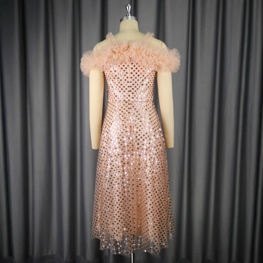Damen Festliches Abendkleid mit voluminösen Rüschendetails und zartem Glitzer Drune