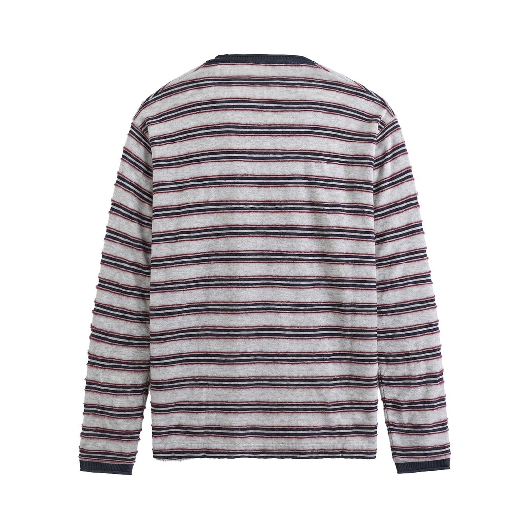 Unisex Langärmliges Feinstrick-Shirt mit Ringelstruktur und geripptem Kragen Drune