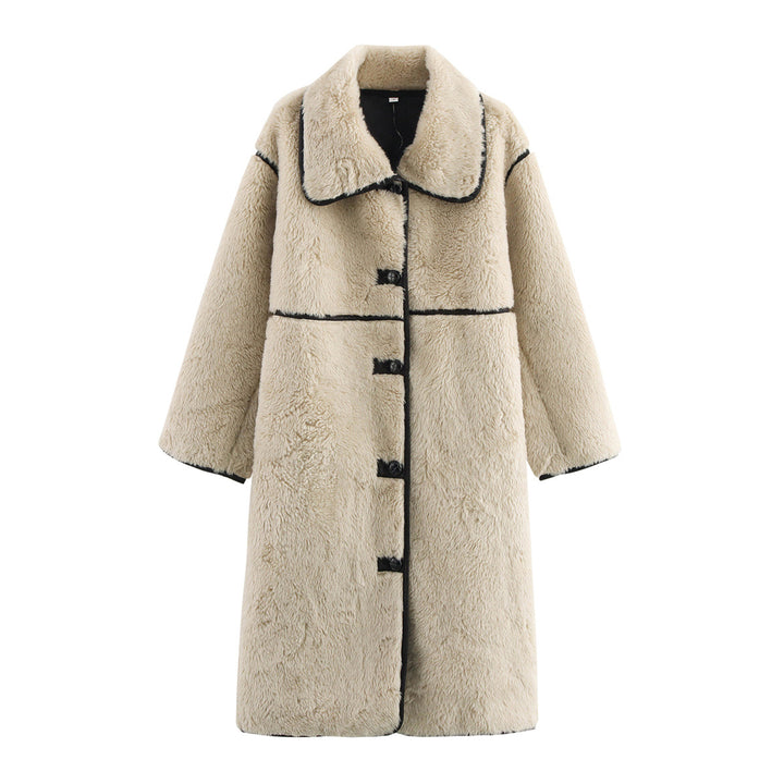 Damen nan langer Teddy-Mantel mit Knebelverschlüssen, kontrastierender Paspelierung und voluminösem Oversize-Kragen Drune