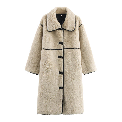 Damen nan langer Teddy-Mantel mit Knebelverschlüssen, kontrastierender Paspelierung und voluminösem Oversize-Kragen Drune