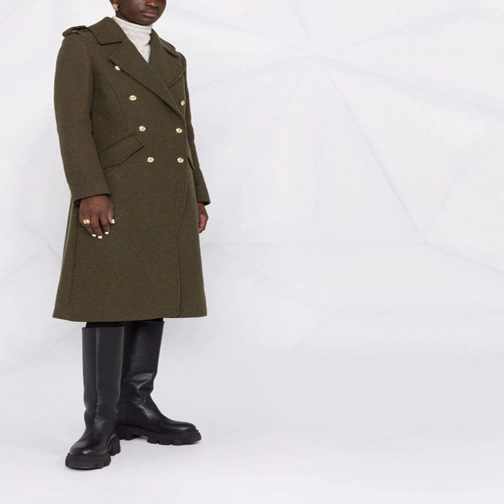 Damen A‑Linien Wollmix‑Mantel mit zweireihigem Tailoring, Metallknöpfen und Klappentaschen Drune