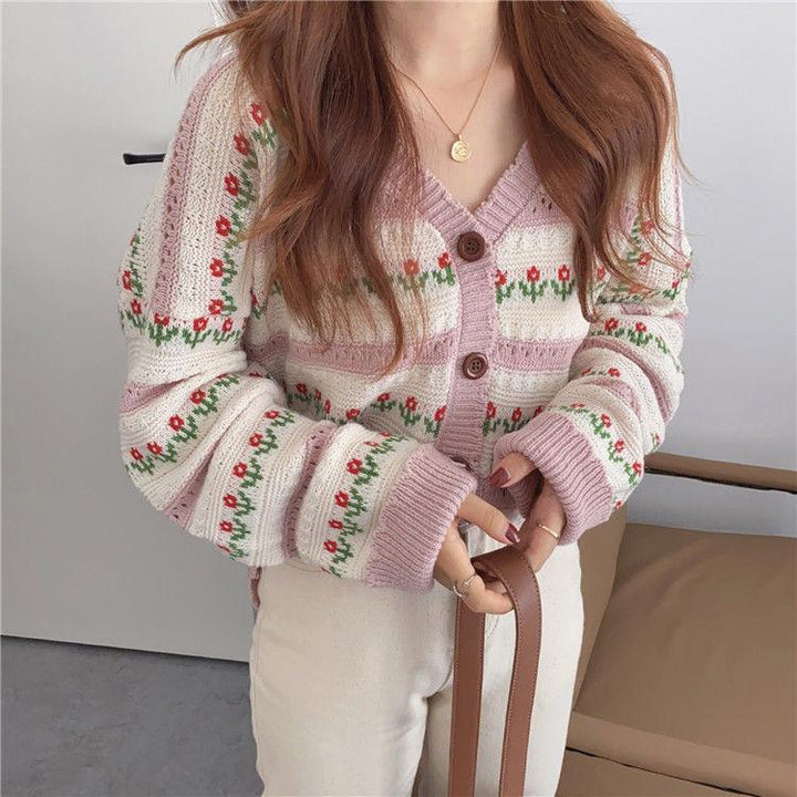 Damen modische Strickjacke mit floralem Design und breiten Ärmeln Drune