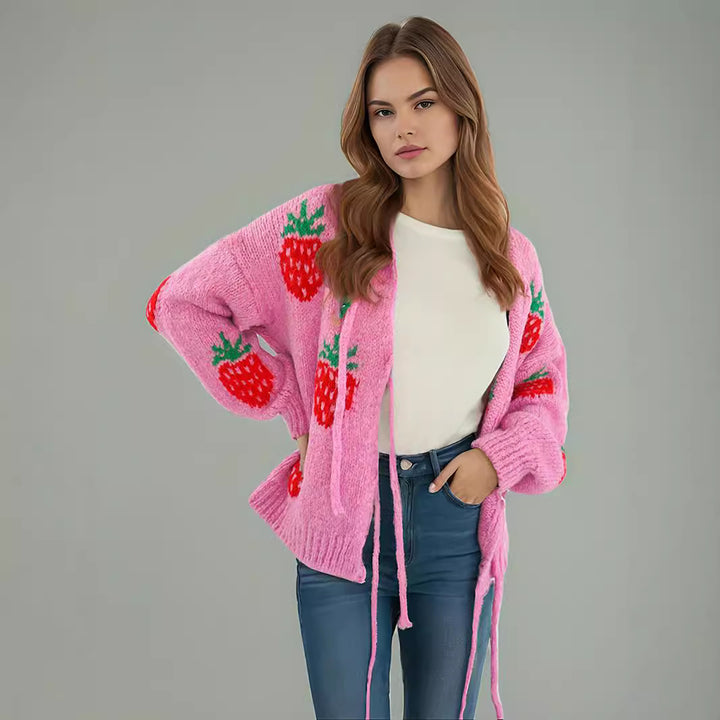 Damen Strickpullover mit zauberhaftem Erdbeermotiv und ballonen Ärmeln Drune