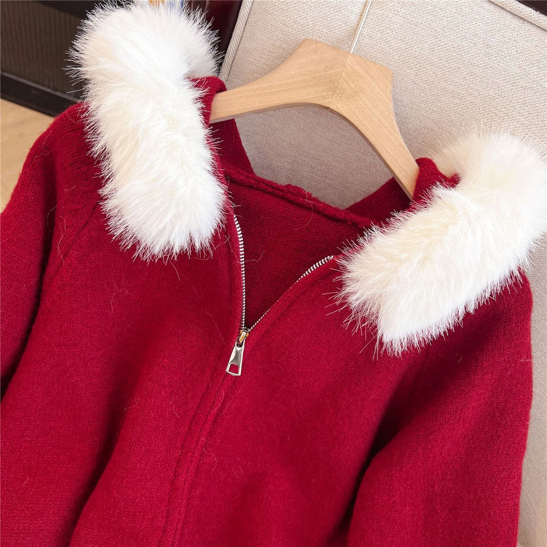 Damen Kuschelige Strickjacke mit abnehmbarem Kunstfellkragen Drune