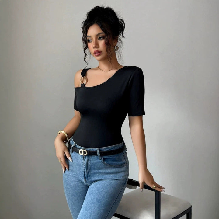 Damen eleganter Body mit asymmetrischem Ausschnitt und kurzärmeliger Gestaltung Drune