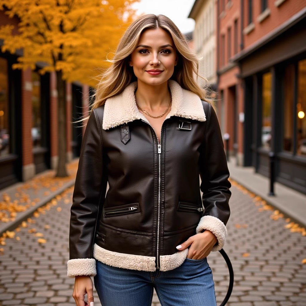 Damen Oversize-Fliegerjacke aus Kunstleder mit Teddykragen und Zipper-Taschen Drune