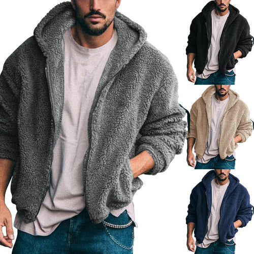 Herren nan voluminöse Sherpa-Hoodie Jacke mit Bomber-Schnitt, verdecktem Reißverschluss und Ärmeltasche Drune