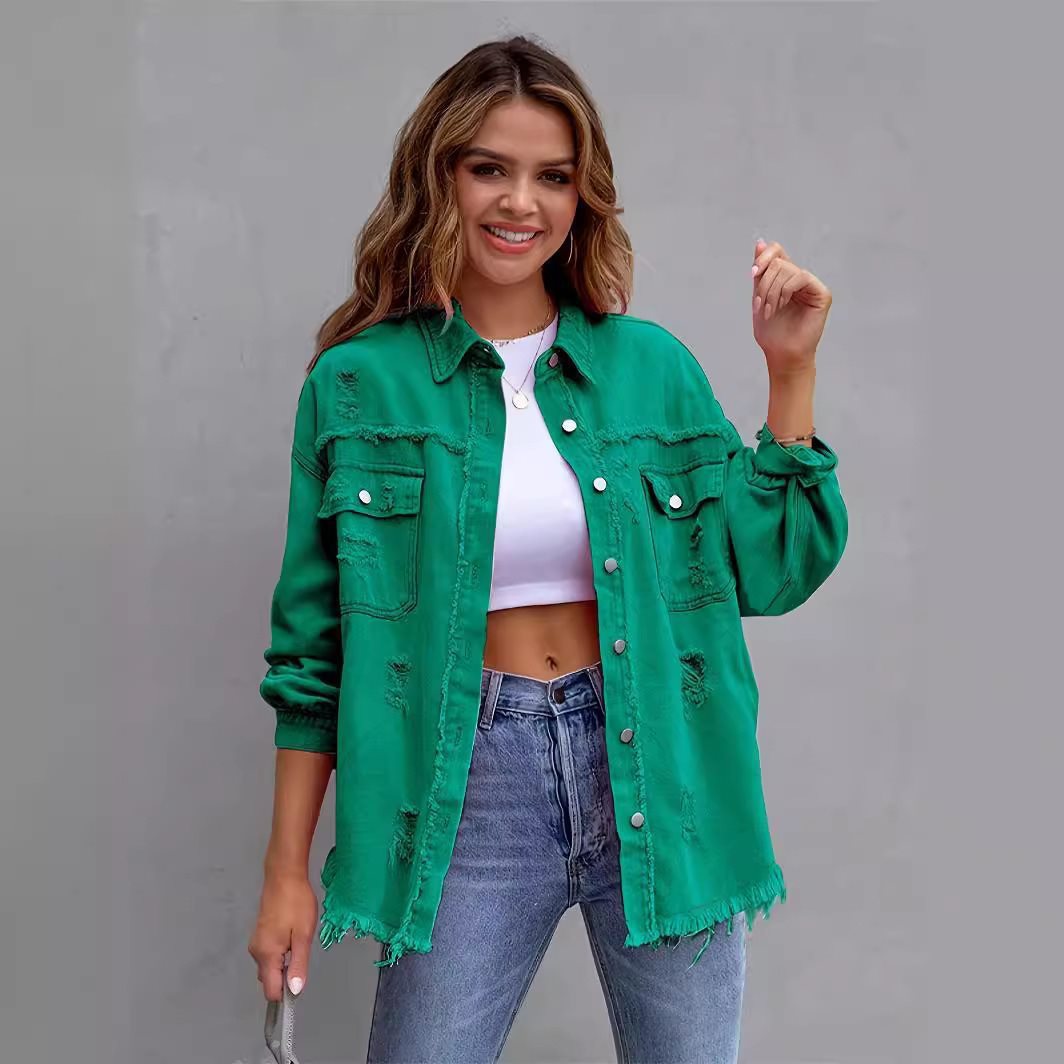 Damen Oversized Denimjacke im Vintage-Stil mit Fransen Drune