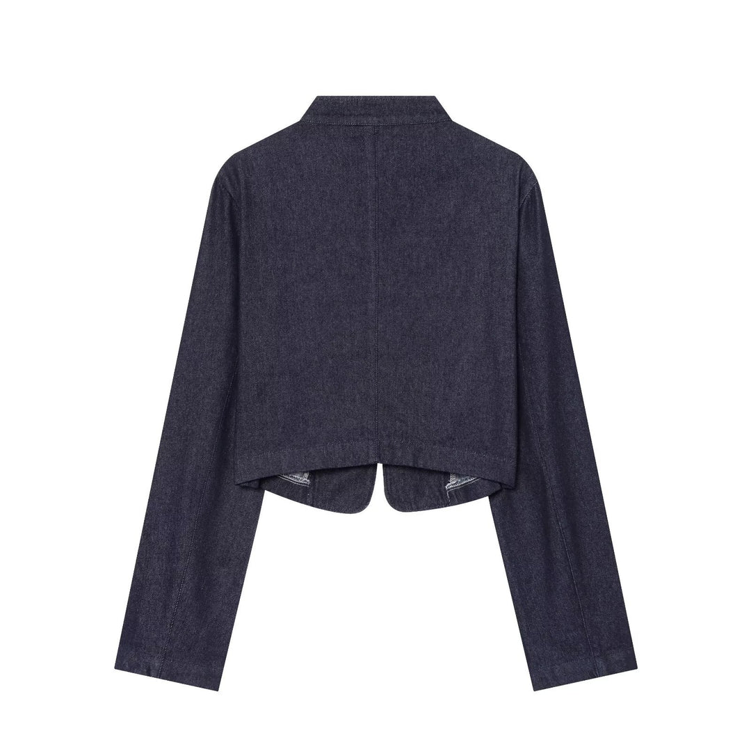 Damen kurze Denim‑Militärjacke mit Stehkragen und dekorativer Zierknopfleiste Drune